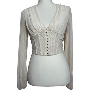 Cream Corset Detail Sheer Bubble Sleeve Crop Top Women's Size Small Elegant